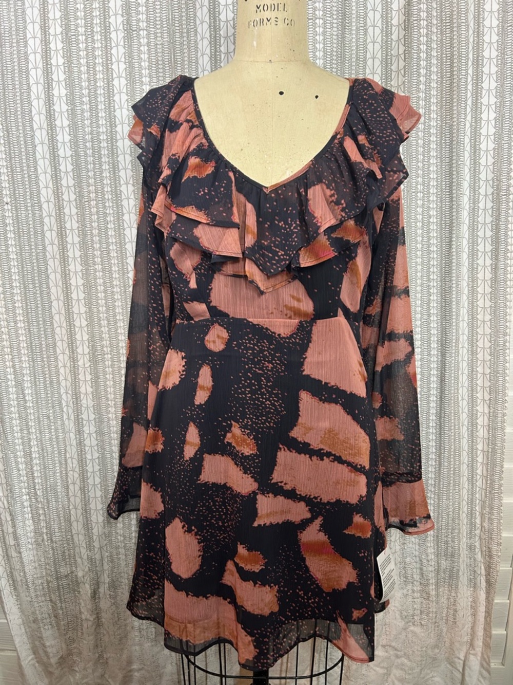 Topshop Black and Rust Ruffle V-Neck Long Sleeve Dress